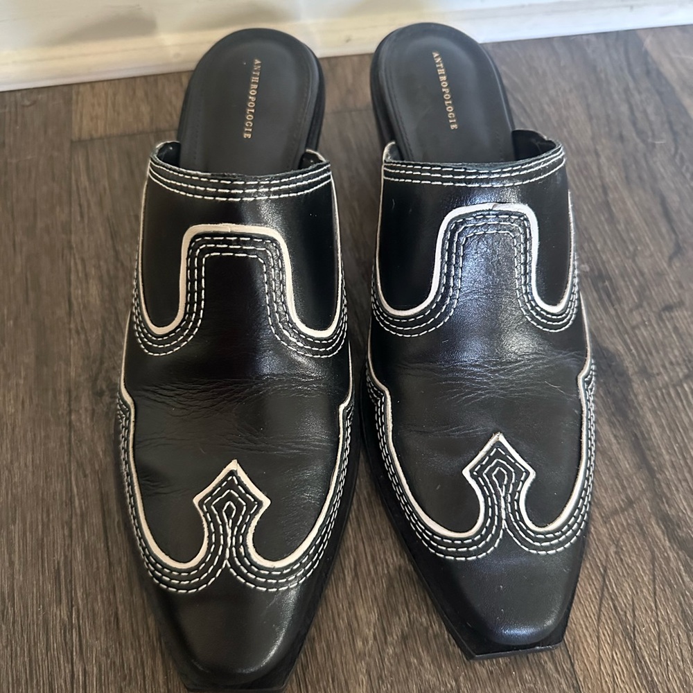 Anthropologie Black and White Embroidered Mules